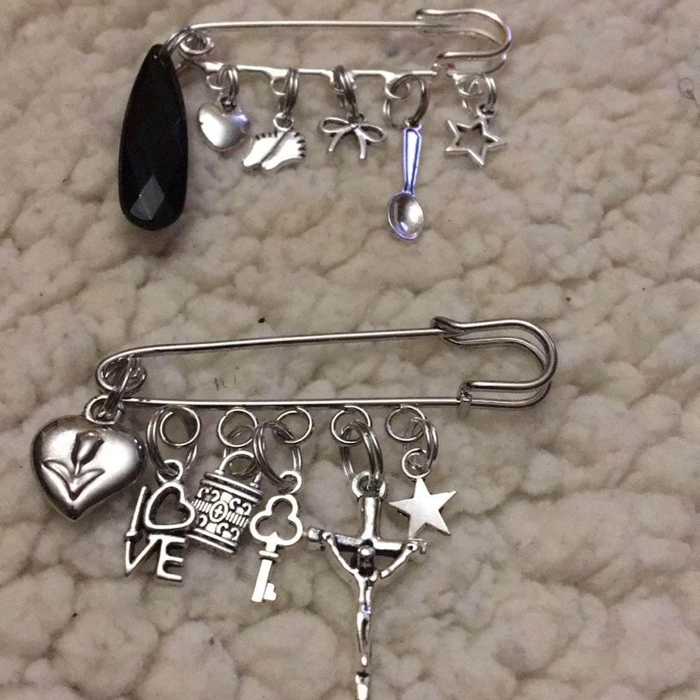 Two Safety Pin Brooches/with Charms.